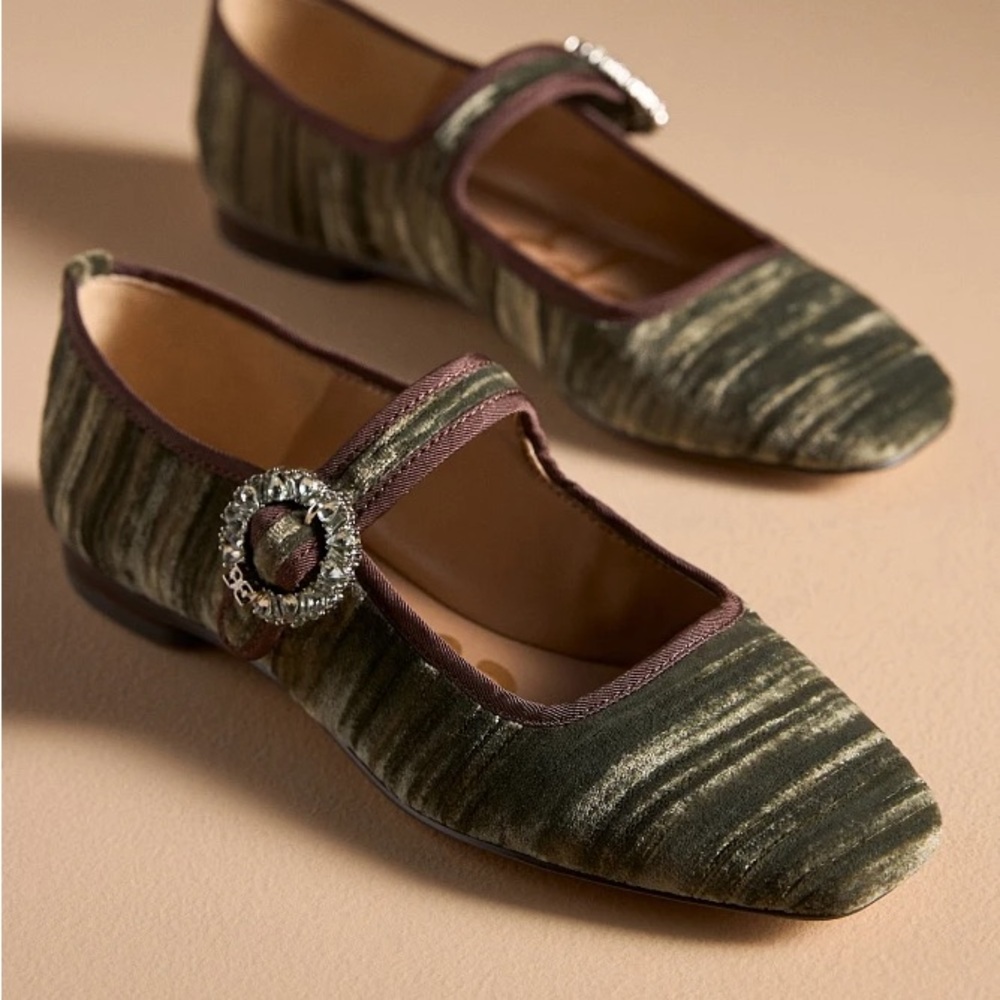 Sam Edelman Michaela Dark Green Velvet Flats with Crystal Buckle